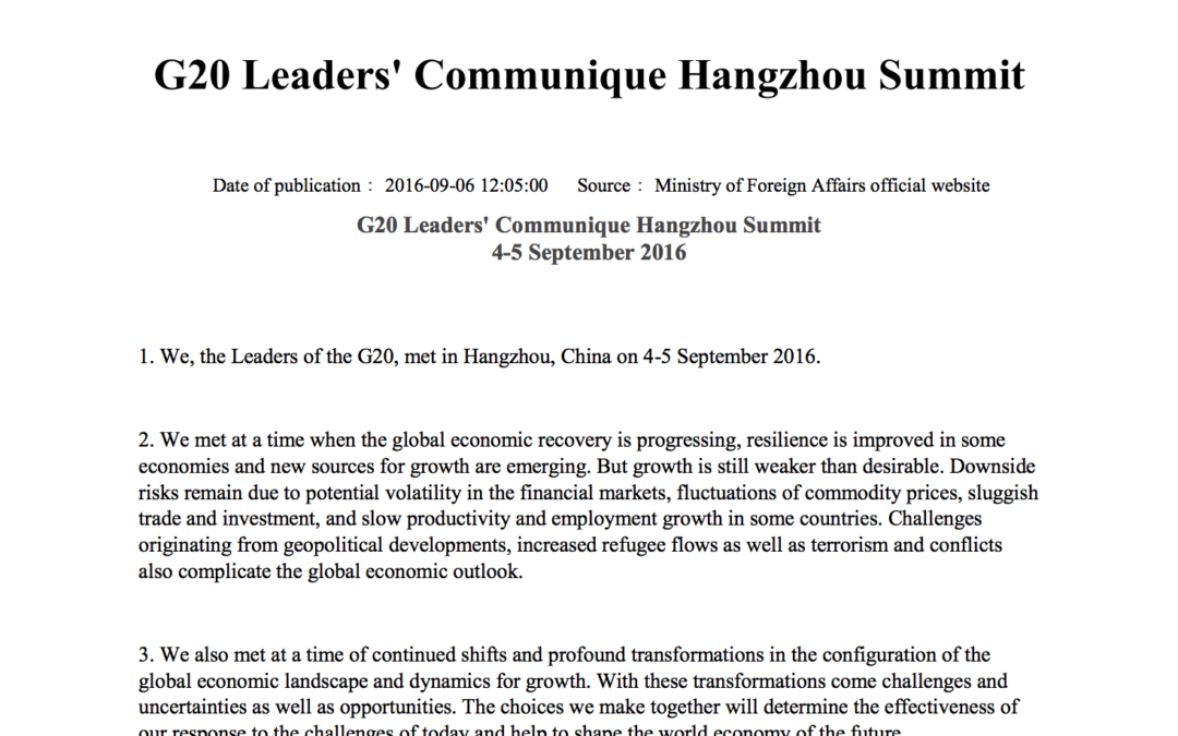 The full China G20 Communique on the Hangzhou Summit