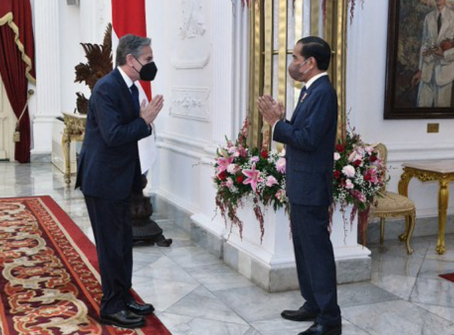 Indonesian President Widodo greets United States Secretary of State Antony Blinken in Jakarta